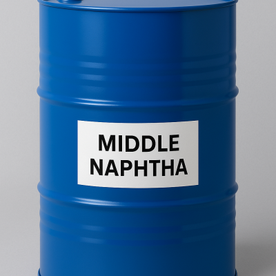 Blue industrial barrel labeled "Middle Naphtha" used for petrochemical feedstock and fuel blending