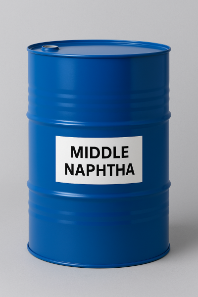 Blue industrial barrel labeled "Middle Naphtha" used for petrochemical feedstock and fuel blending
