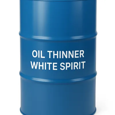 Blue metal drum labeled “Oil Thinner White Spirit” against a white background
