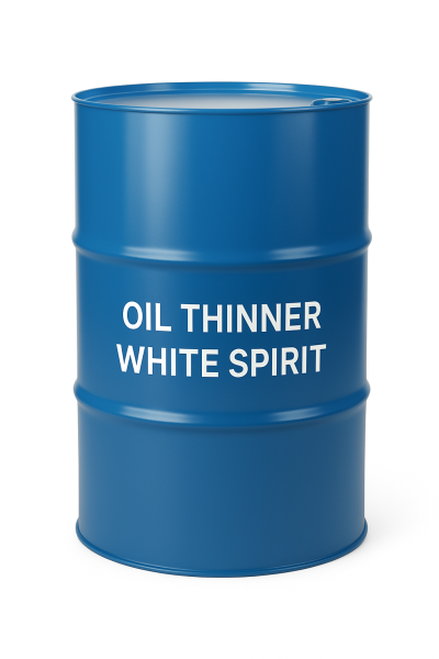 Blue metal drum labeled “Oil Thinner White Spirit” against a white background