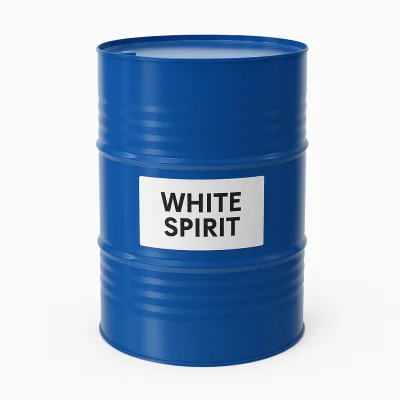 Blue steel drum labeled "White Spirit" on a white background